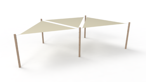 PE sunshade system 3 shades (3.6x3.6x3.6 m) + 5 posts